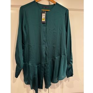 Marks & Spencer | Bottle Green Satin Ruffle Hem Top Gold Buttons